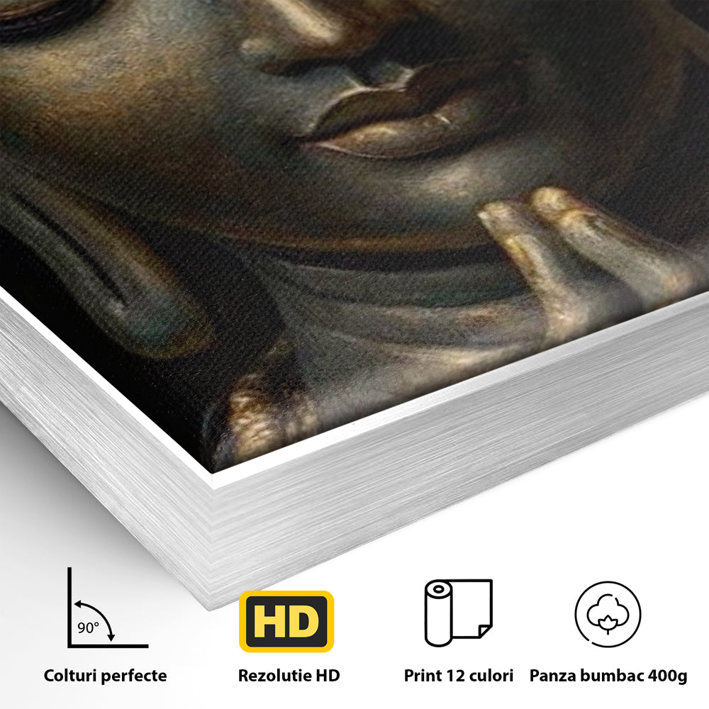 Detaliu al suprafetei: tablou canvas cu buddha in rugaciune, in rama de aluminiu argintiu